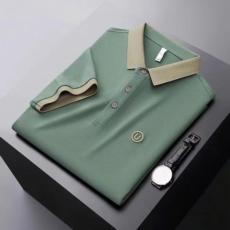 Men's British Style Light Luxury Polo Shirt with Contrasting Color Lapel, Short Sleeves, and Letter Embroidery - Casual Summer Trend.