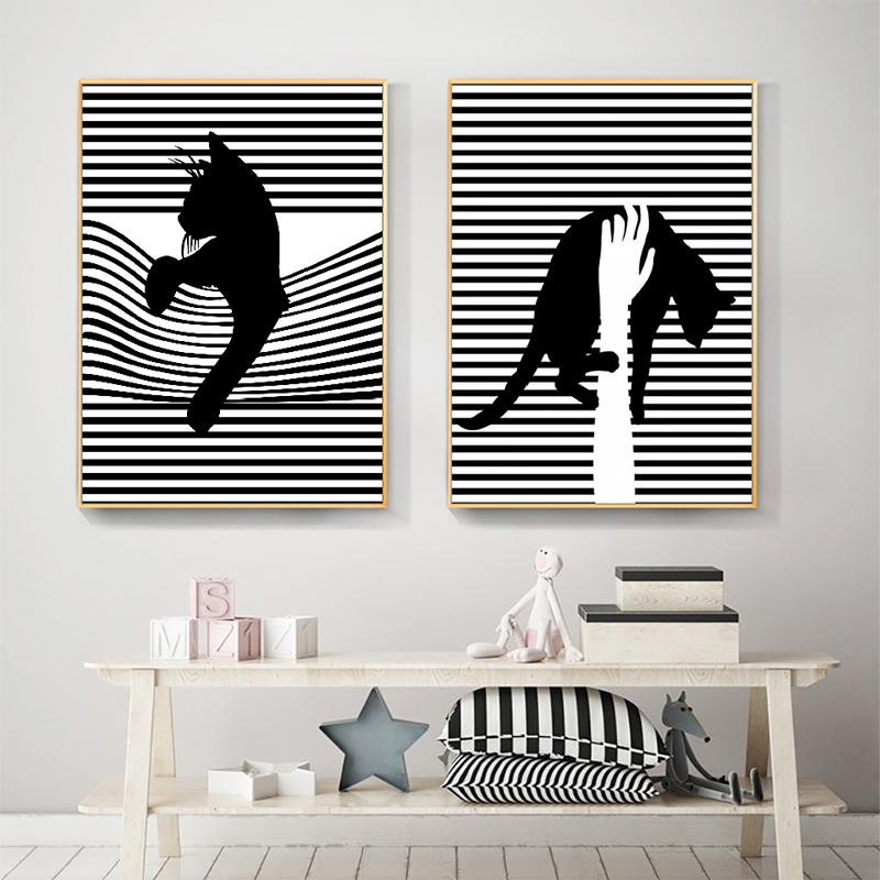 Moderne abstrakte schwarz-weiße Streifen Katzen Leinwand Poster drucken Nordic einzigartige Dekor Tier Wand Kunst Bilder für Zimmer Home Living