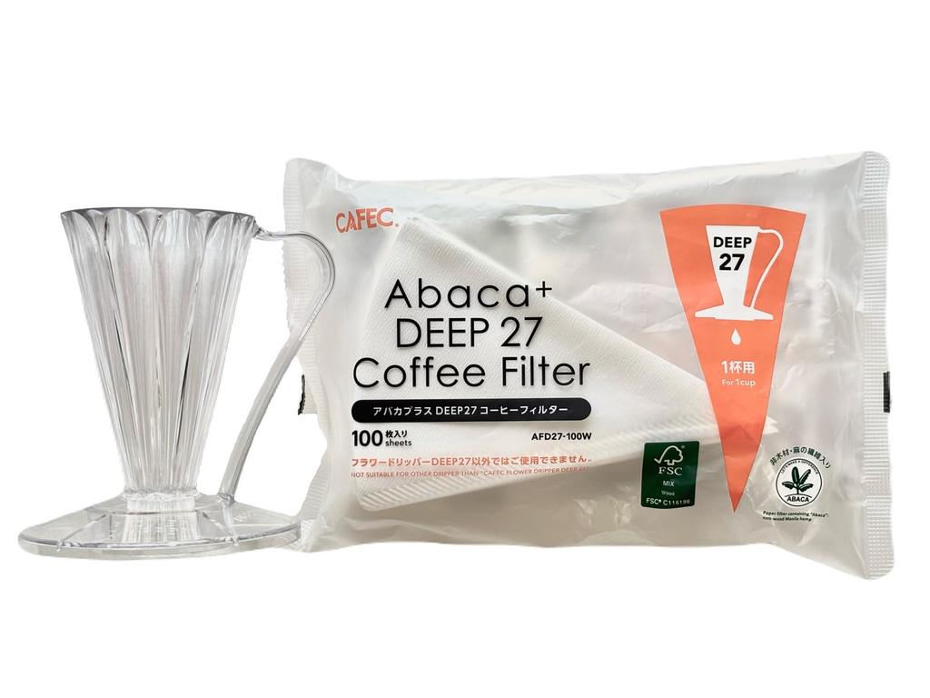 [Set] CAFEC Flower Dripper DEEP27 FDD-27 Clear (1 cup) & Abaca Plus DEEP27 Coffee Filters AFD27-100W (100 Clear Filters)