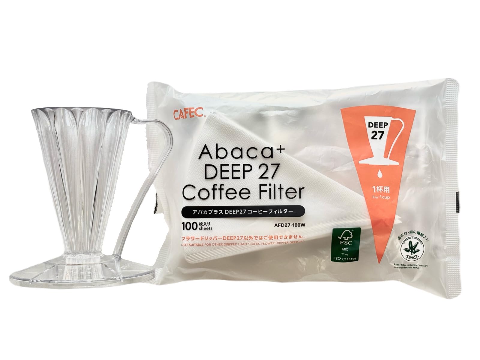 

[Set] CAFEC Flower Dripper DEEP27 FDD-27 Clear (1 cup) & Abaca Plus DEEP27 Coffee Filters AFD27-100W (100 Clear Filters)