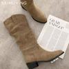 Pointed Toe Women High Boots Suede Winter Mid Heels Designer Shoes 2025 Trend Chunky Pumps Knee High Classic Chelsea Botas Mujer