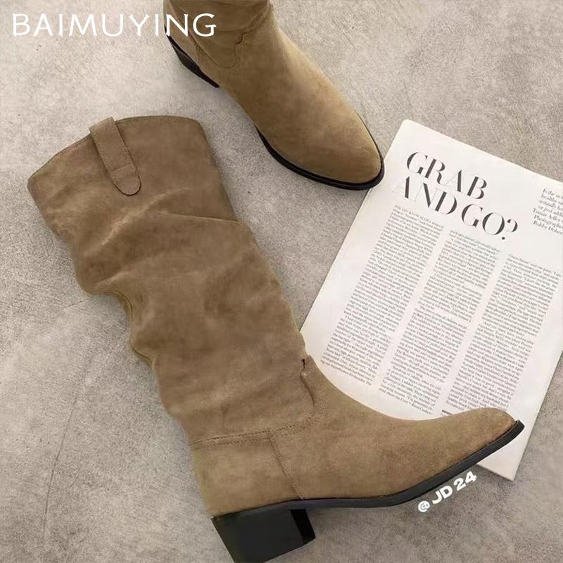 Pointed Toe Women High Boots Suede Winter Mid Heels Designer Shoes 2025 Trend Chunky Pumps Knee High Classic Chelsea Botas Mujer