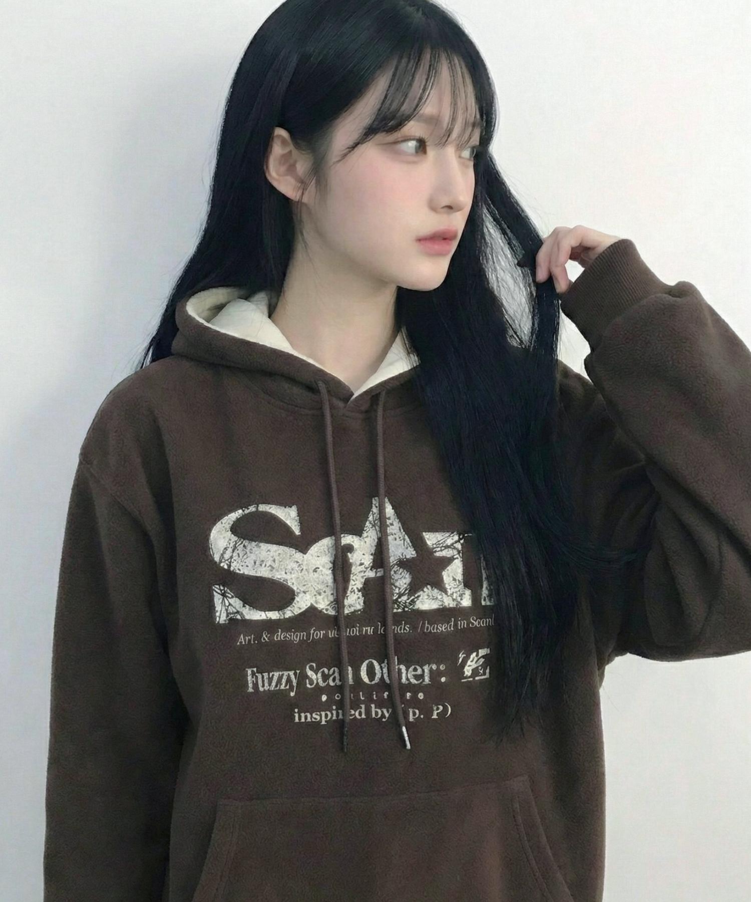 Fuzzy Scan Crack Other Object Fleece Color Block Hoodie 3 Colors Brown/One Size
