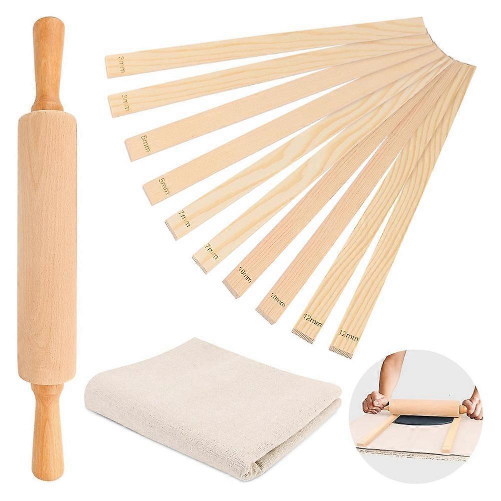 12 Pcs Pottery Tools Teaching Set, Include 17inch Slab Roller 10 Pcs Wooden Rolling Pin Guides 1 Li