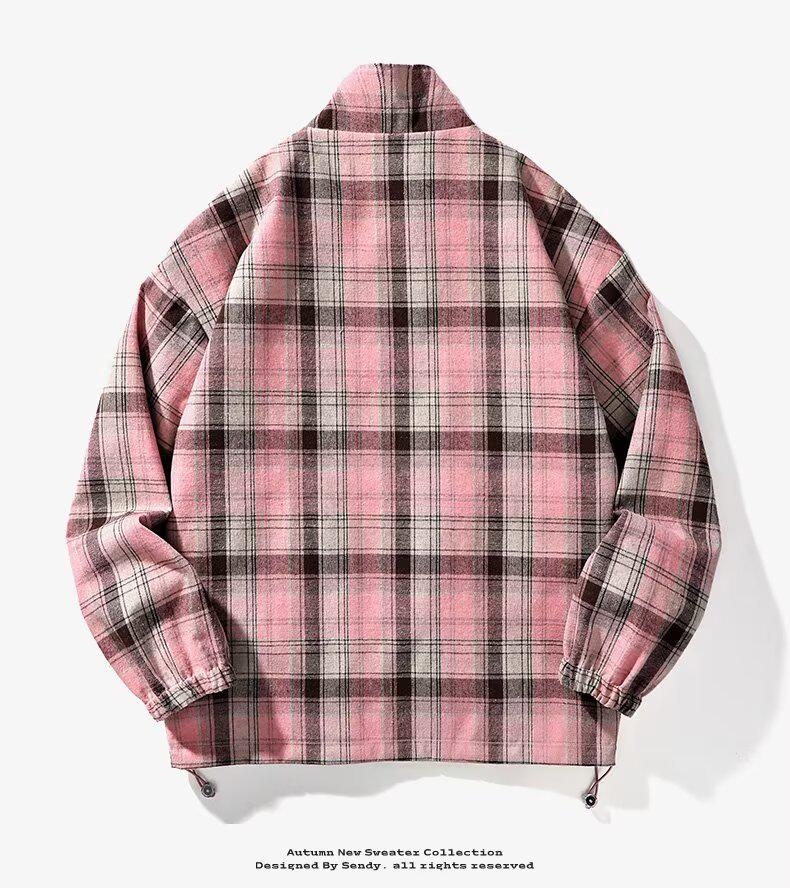 Men's Casual Double-Sided Plaid Patchwork Jacket - Stand Collar, Versatile Spring/Autumn Outerwear in American and Japanese Style