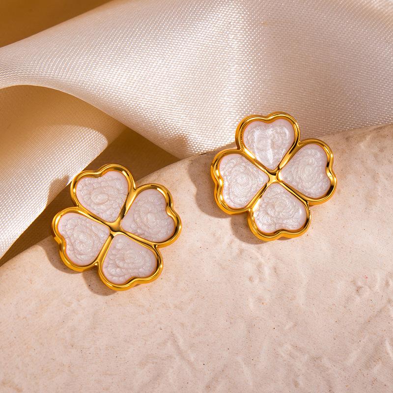 Four-Leaf Clover Stainless Steel Stud Earrings for Women - Colored Titanium Simple Ear Jewelry