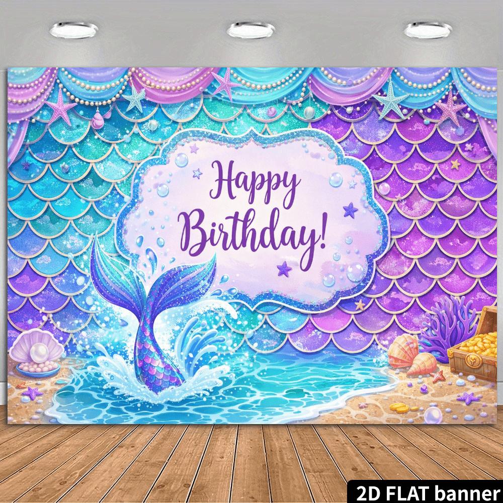 Ein 2D flacher Geburtstagsbanner-Hintergrund im natürlichen Stil mit Meerjungfrauenflossen und Unterwasserschätzen als Thema