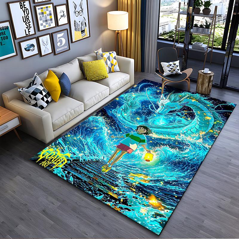 Area Rug, Spirited Away Haku Dragon Blue Waves Chihiro Lantern Night Print, Playroom Decor, Non-Slip Mat