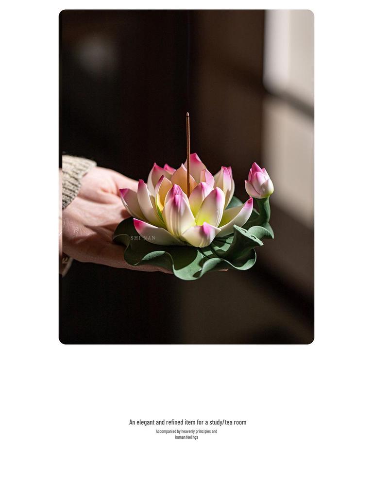 Ceramic Handmade Lotus Incense Holder - No Ash Falling, Indoor Stick Incense Base Ornament