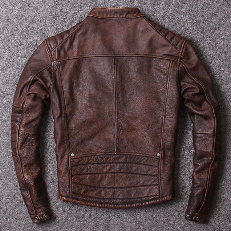 Mens Genuine Leather Jacket Slim Fit Short Biker Coat Real Cowhide Stand Collar Stylish Outerwear