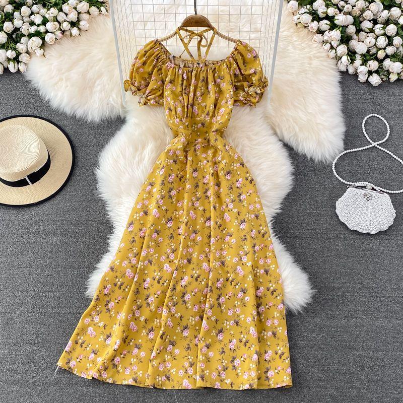 

Chic Slim Looking Summer First Date Halterneck Large Swing Dress Yellow All yards