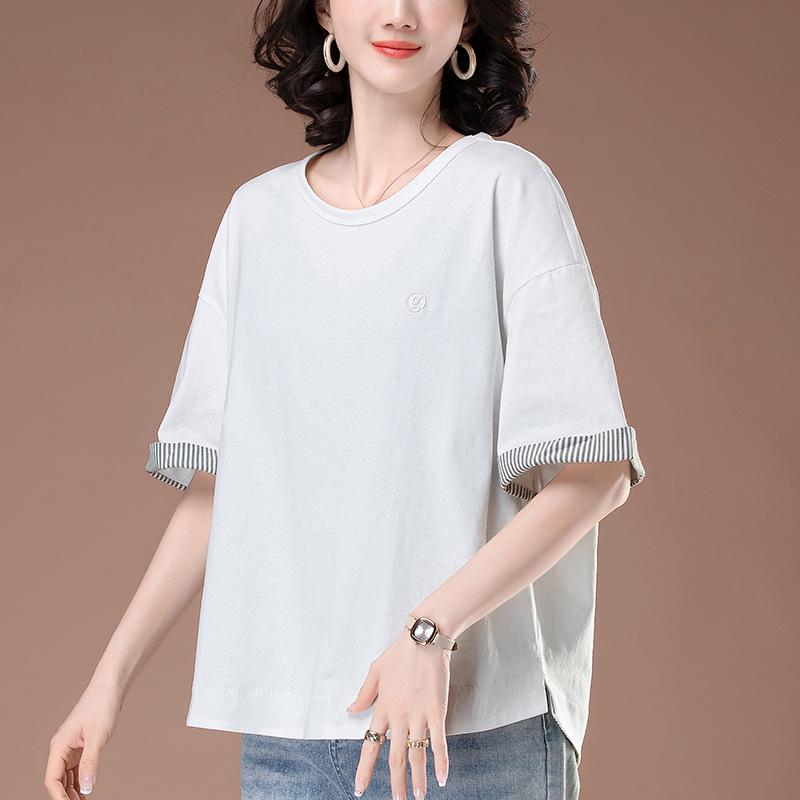 

Женская летняя футболка большого размера свободного кроя из хлопка пэчворк - С коротким рукавом, Цветной блок, Стиль для среднего возраста XXXL белый