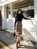 Feiyuan Women's Retro Plaid Wool Midi Skirt with Belt - Stylish Korean Pencil Skirt for Early Spring
