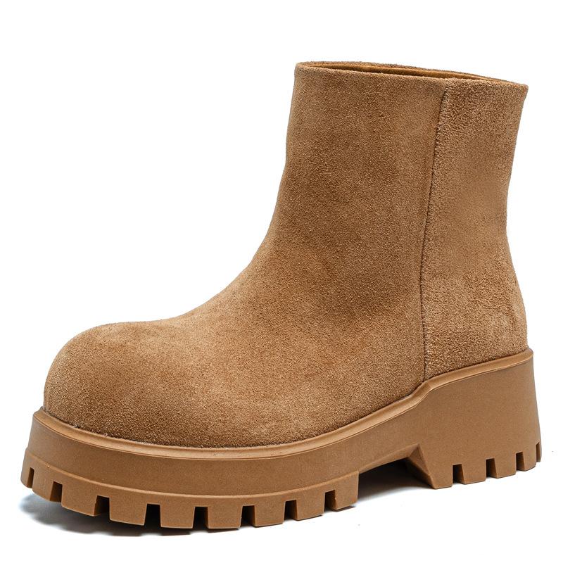 2025 autumn and winter new matte cowhide Martin boots women's thick-soled heightening rhubarb boots British style round head sleeve short boots