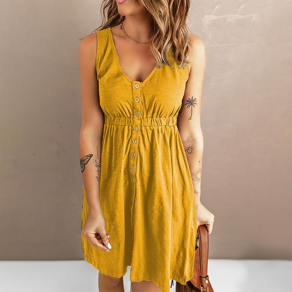 Women's Casual V Neck Sleeveless Button Down Dress Summer Elastic Waist A-Line Swing Tank Dresses