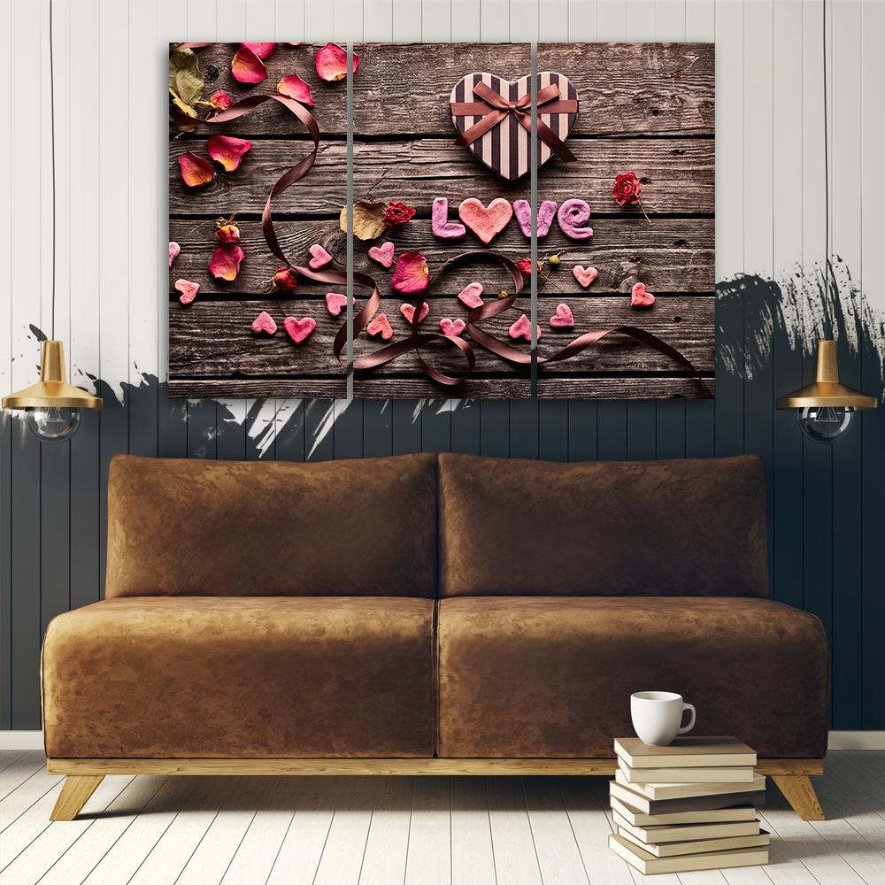 Three Piece Picture Canvas Print Heart Love Vintage Flowers