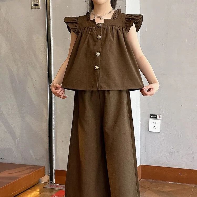 Girl Summer Sweet Solid Color Set Ruffle Shirt Doll Shirt Wide Leg Pants Two Piece Set