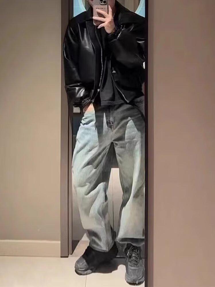 Men's Retro PU Leather Jacket with Padded Shoulders - Spring/Autumn Trendy Loose Fit