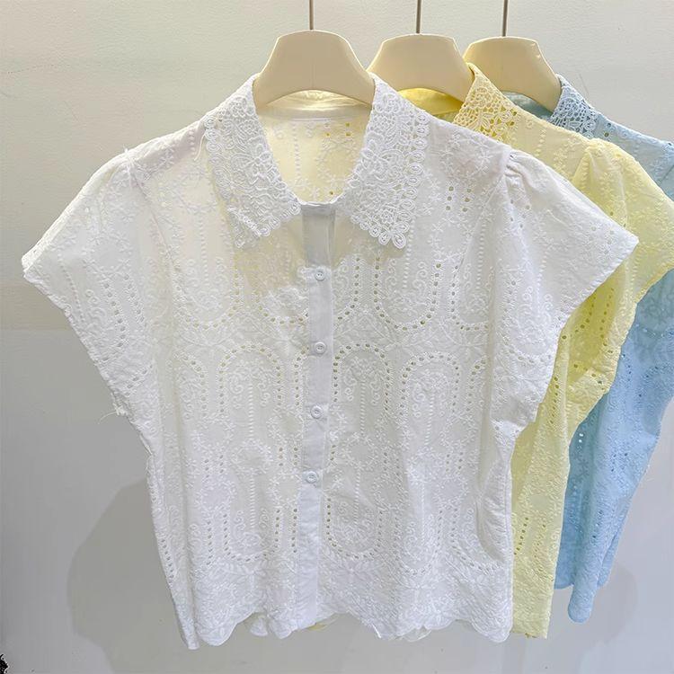 Elegantes Europäisches Sommer Design Gefühl Kleines Durchbrochenes Stickerei Kragen Oberteil Vielseitig Kombinierbar Koreanischer Stil Lockere Passform