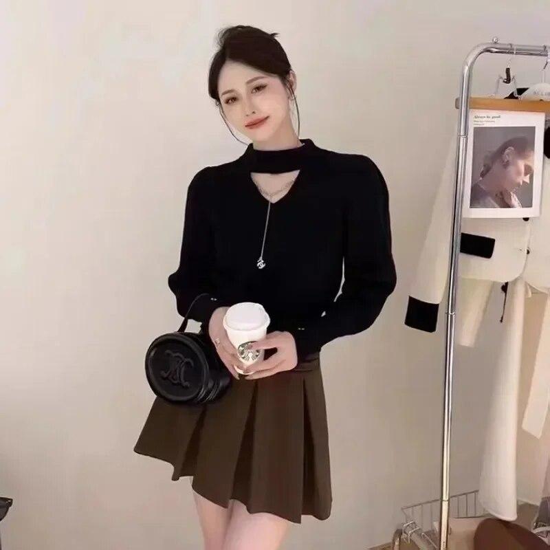 

Женские топы, осенне-зимний свитер, вязаный низ с круглым воротником, пуловеры во французском стиле, шикарная одежда с цепочкой 30237 One Size чёрный