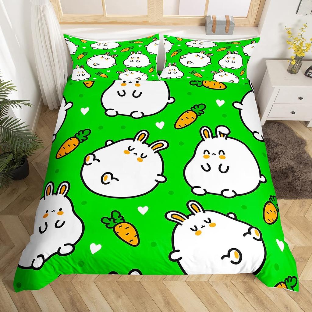Cute Rabbit Duvet Cover Queen King Size Cartoon Rabbit Bedding Set Kawaii Animal Quilt Cover For Boys Girls Teenagers  3 Pcs
