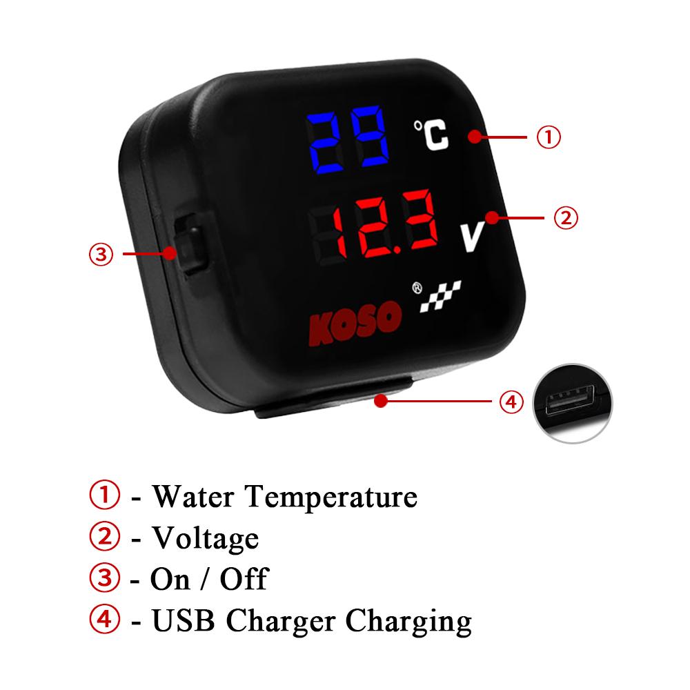 KOSO Water Temp Meter Voltmeter Gauge Motorcycle Phone USB Charger Charging 3 in 1 Waterproof LCD Digital Display