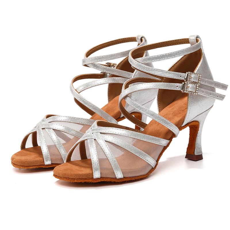 

Туфли для латиноамериканских танцев на высоком каблуке, профессиональные женские туфли из сетки для современных бальных танцев, танго, сальсы, каблук 7 см 41 серебряный