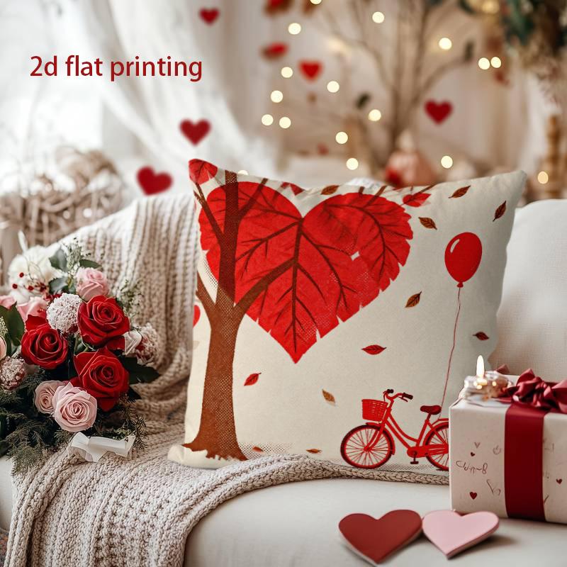Heart Tree & Bike Pillow Cover for Valentine's Charm Pattern Cushion Cover Suitable for Sofa Bedroom Car Pillow Cover