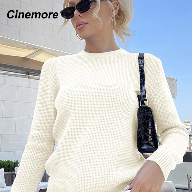 Cinemore Wiosna Jesień Damski Sweter Jednolity Oversize Casualowe Pulowery Ciepły Podstawowy Top z Długim Rękawem Okrągły Dekolt Dzianinowy Sweter Sweter