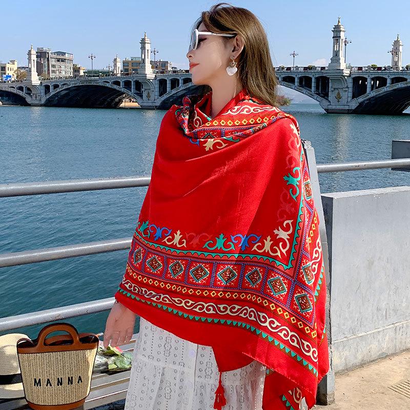 Ethnic Style Silk Scarf: Women's Sunscreen Shawl & Beach Towel