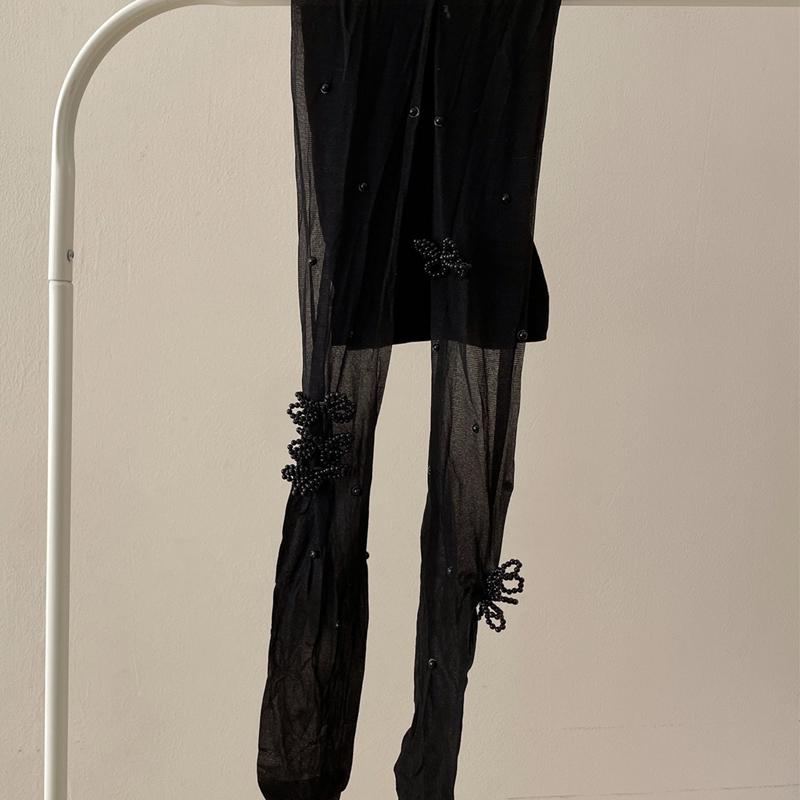 

New Design Pearl Beads Pantyhose for Women Fashion Butterfly Knot Lolita Girls JK Tights 3 Colors Thin Elastic Long Stockings One Size чорний