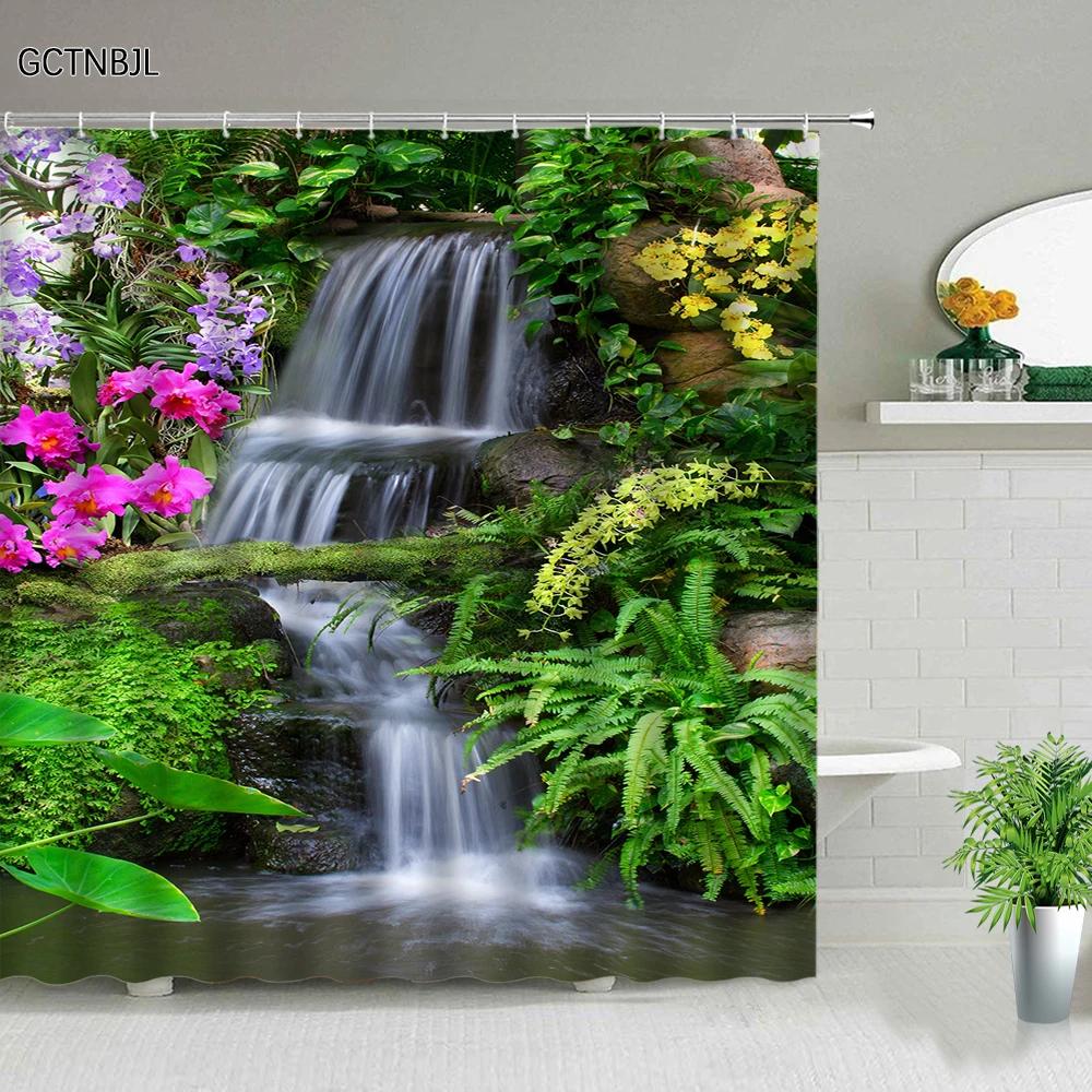 Park Garden Tree Flower Pond Nature Landscape Shower Curtain Bathroom Polyester Waterproof Fabric Curtains Home Bathtub Decor