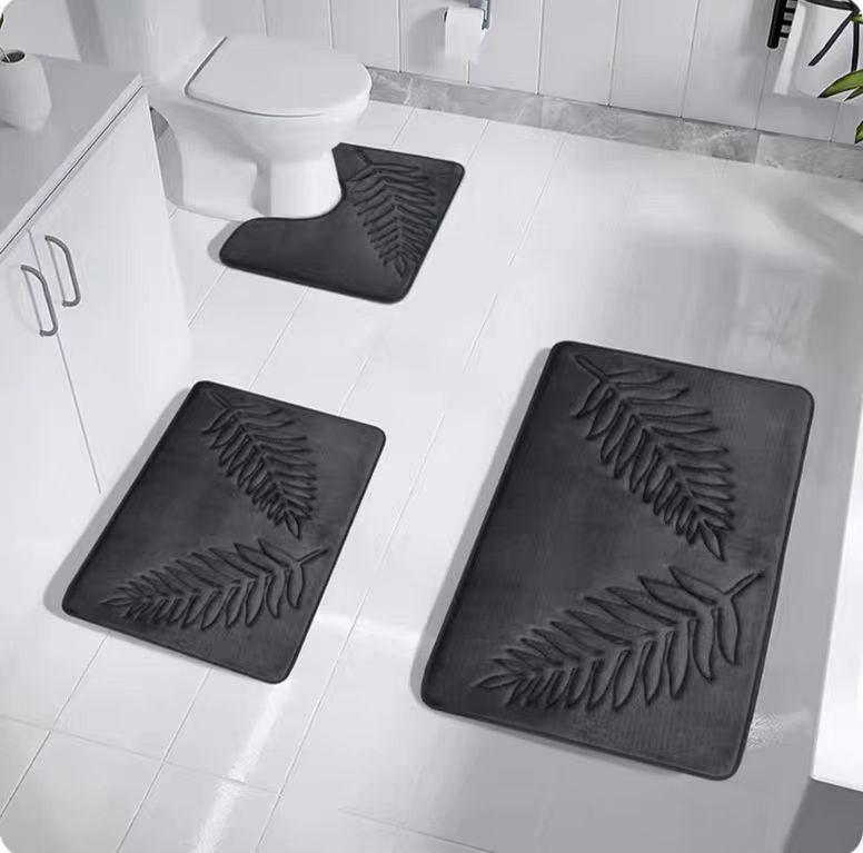 

3 PCs Leaf Embossed Floor Bath Mat, Bathroom Absorbent Anti-slip Mat for Living room, Kitchen Door Carpet Bathroom Accessories темно-сірий колір