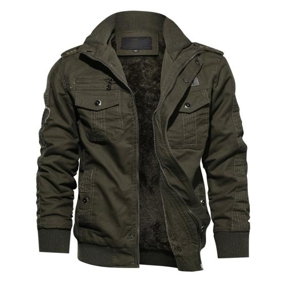 Men Bomber Jacket Plush Lining Multi Pockets Solid Color Zipper Closure Coldproof Autumn Winter Cargo Coat Windbreaker Streetwear