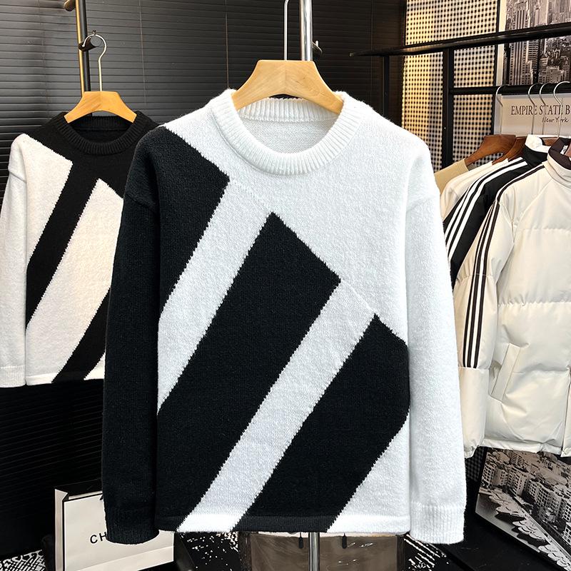 

New Tide Brand Crew Neck Black & White Color Block Sweater - Men s Long Sleeve Couple Pullover 2XL белый