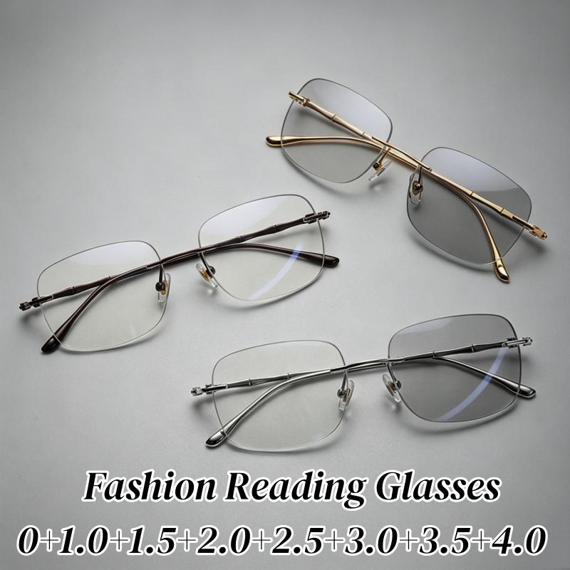 Photochromic Presbyopia Glasses for Women Ultra-lightweight Metal Rimless Reading Eyeglasses with Plus Diopter 0 To +4.0