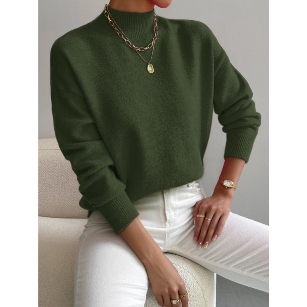 Solid Color Loose Knit Top Semi High Neck Pullover Long Sleeved Sweater Women Autumn and Winter