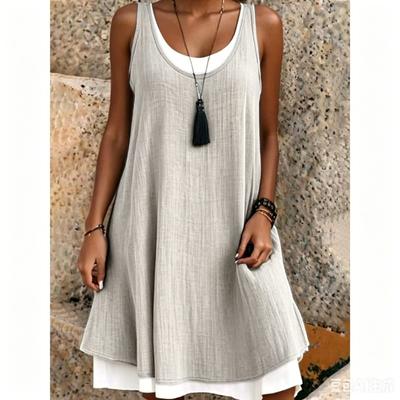Summmer Women's Solid Dress Casual Sleeveless Fake Two Piece Loose Dresses Female O Neck Office Holiday Beach Party Dress New