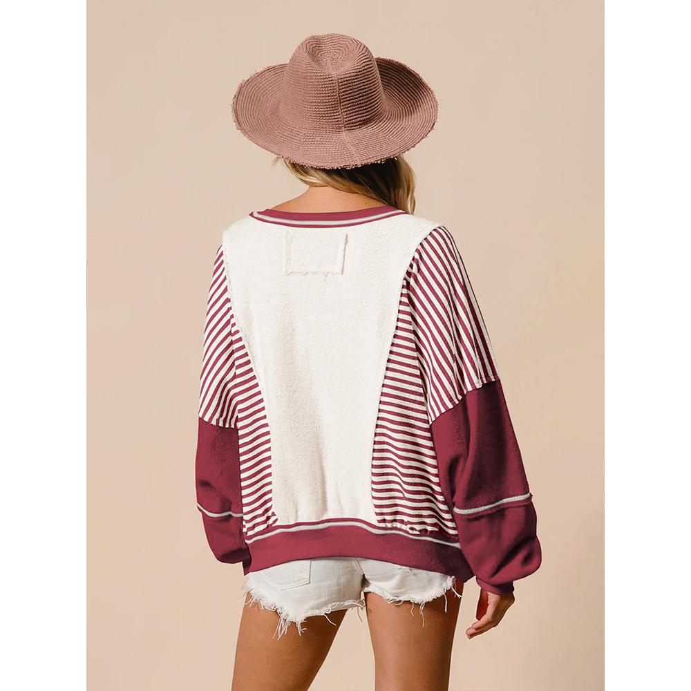 Women's Fleece Oversized Color Block Striped Sweatshirt Fall Vintage Warm Pacthwork Pullover with Pockets
