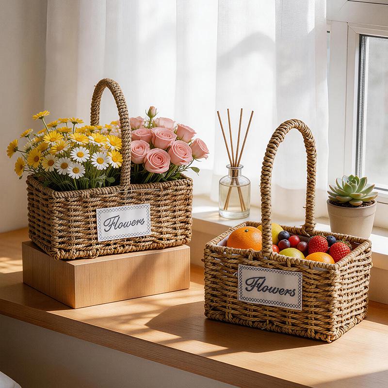 Pastoral Handmade Straw Flower Basket for Faux Bonsai Display - Creative Woven Design for Living Room or Balcony