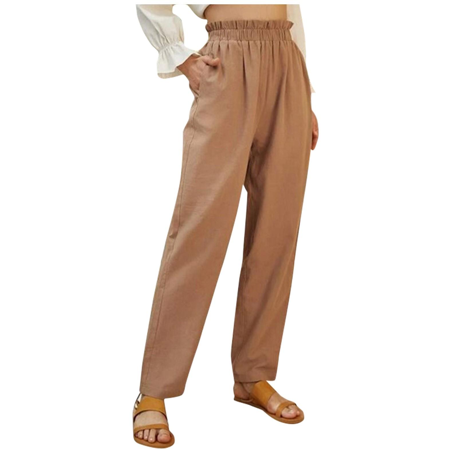 

Женские однотонные брюки из хлопка и конопли с высокой талией и свободными карманами для свободного времени XL розовый