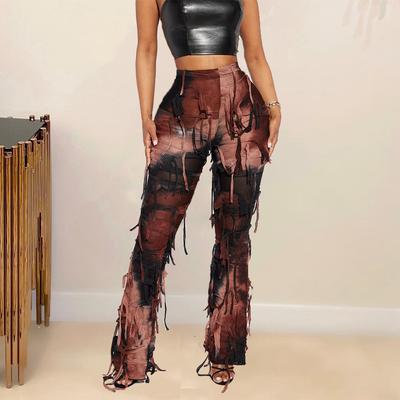 New Women's Autumn Tie-Dye Frayed Jeans, Distressed Design Boho Streetwear Casual Denim Pants with Fringe Hem, Artistic Baggy Trousers
