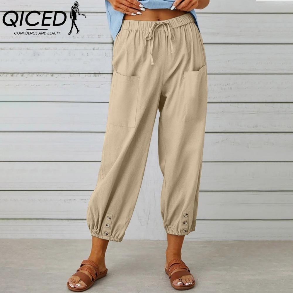 QICED 12 Color Women's Fashion Casual Solid Color Print Pants & Capris