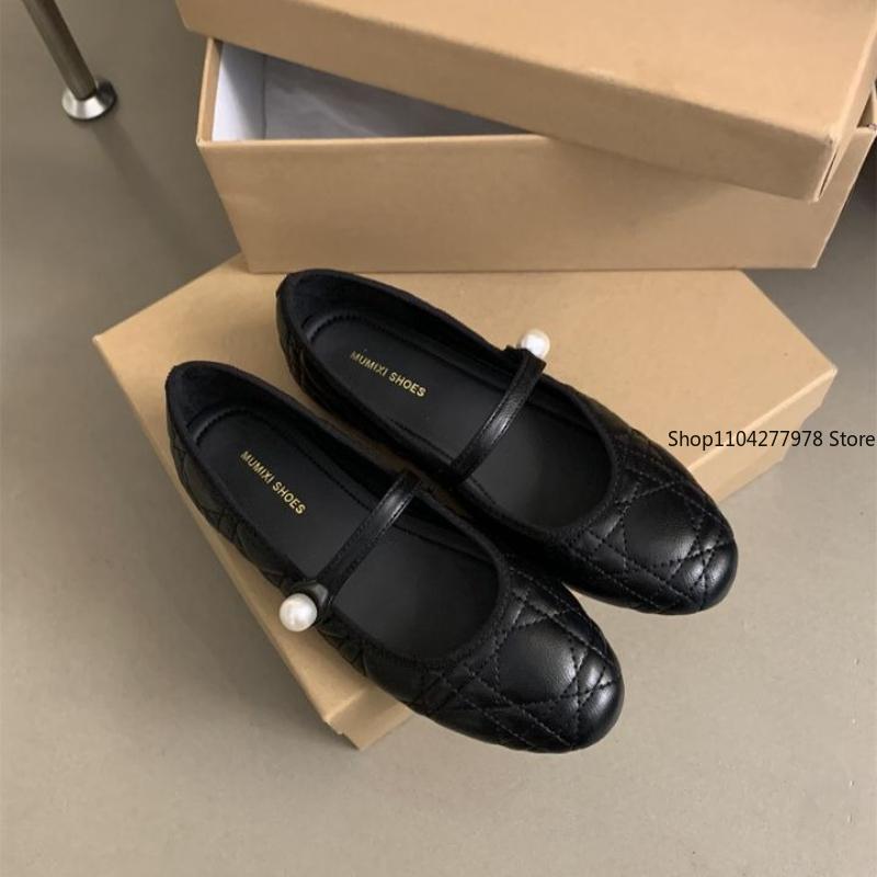 Fashion Imported Smallcow Leatherargyll Pearl Buckle Strap Shallow Sole Flat Women's Shoes Elegant Stylish Trendy Flat Heels Mary Janes