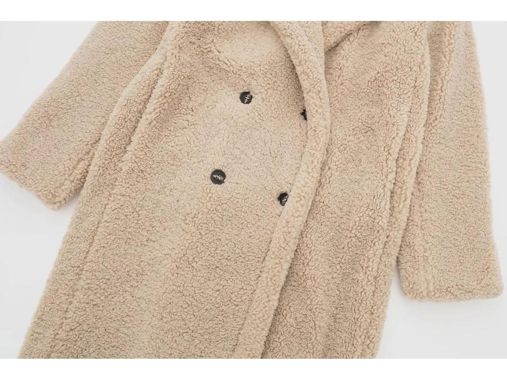 Evropský a americký styl dámský zimní dvouřadý dlouhý kabát z jehněčí kůže