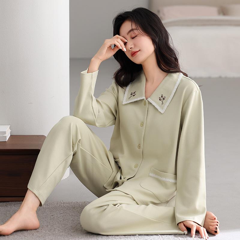 Women's pure cotton spring and autumn pajamas long sleeves can be worn outside autumn women's high-end cardigan loungewear cotton suit