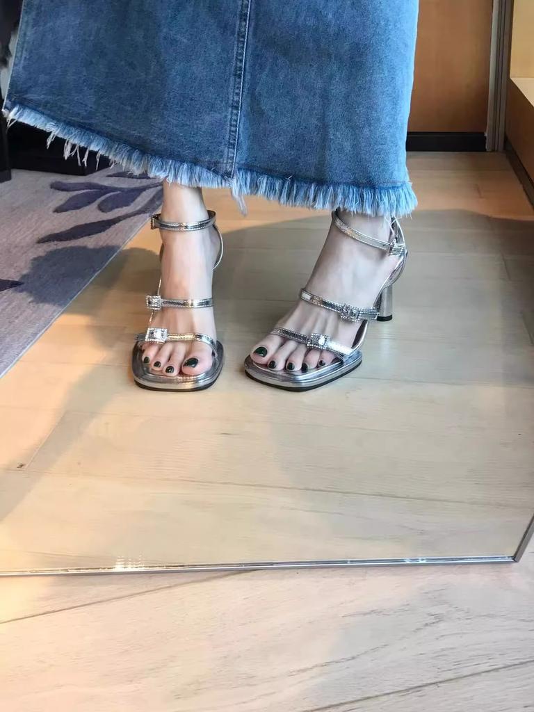 Rhinestone Temperament Sandals Women's 2025 New Summer Silver Square Head Open-toed Buckle Strap Thick Heel High Heels
