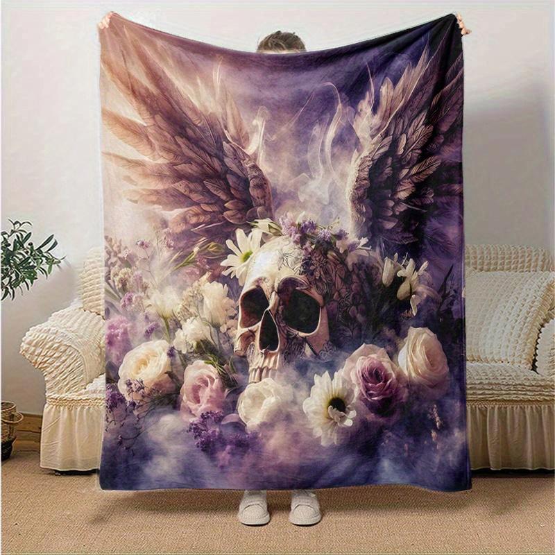 1pc Angel Skull Cartoon Blanket Seasonal Home Decor Gift, Living Room, Travel, Camping, Car Blankets