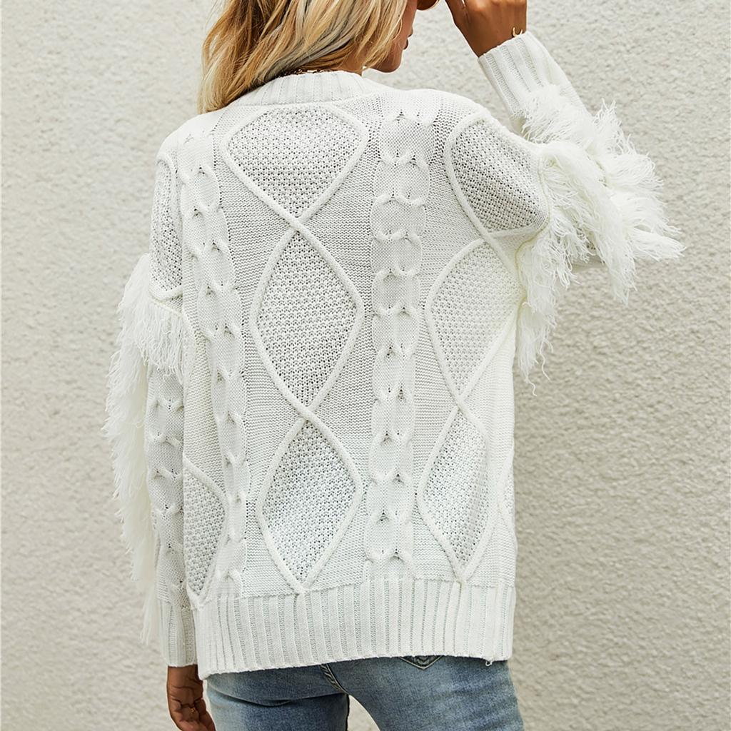 Women's Sweater Casual Round Neck Knit Solid Color Long-sleeved Tassel Pullover