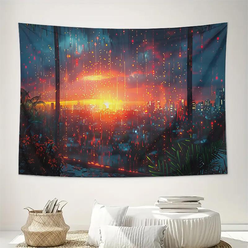

Cyberpunk City Sunset Neon Rain Wall Tapestry Machine Washable All Season Decor Art Print Futuristic Urban Design Home nontoxic 74x94cm(29x37in)